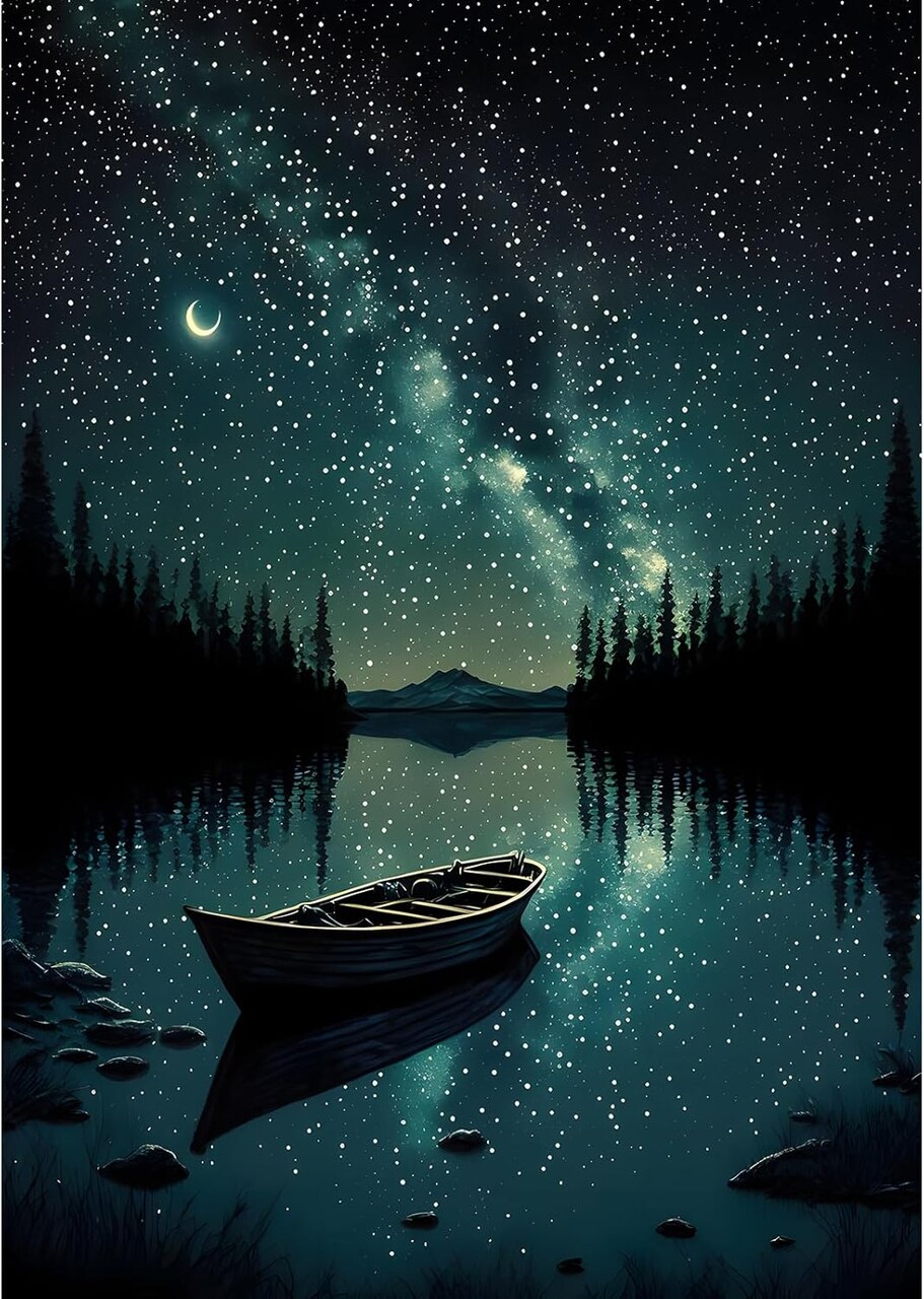 Starry Night Diamond Art Painting Kits for Adults, Canoe Lake Moon Diamond Painting Kits for Beginners, DIY 5D Diamond Dots Kits Landscape Gem Craft for Home Art Decor 12x16 inch